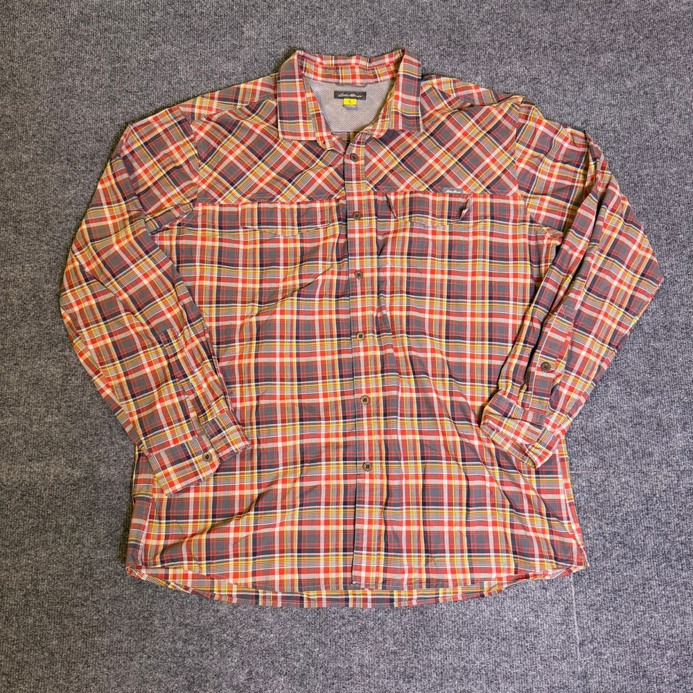Eddie Bauer Mens XL Plaid Long Sleeve Hiking Shirt Red Blue Mesh Vented Pockets